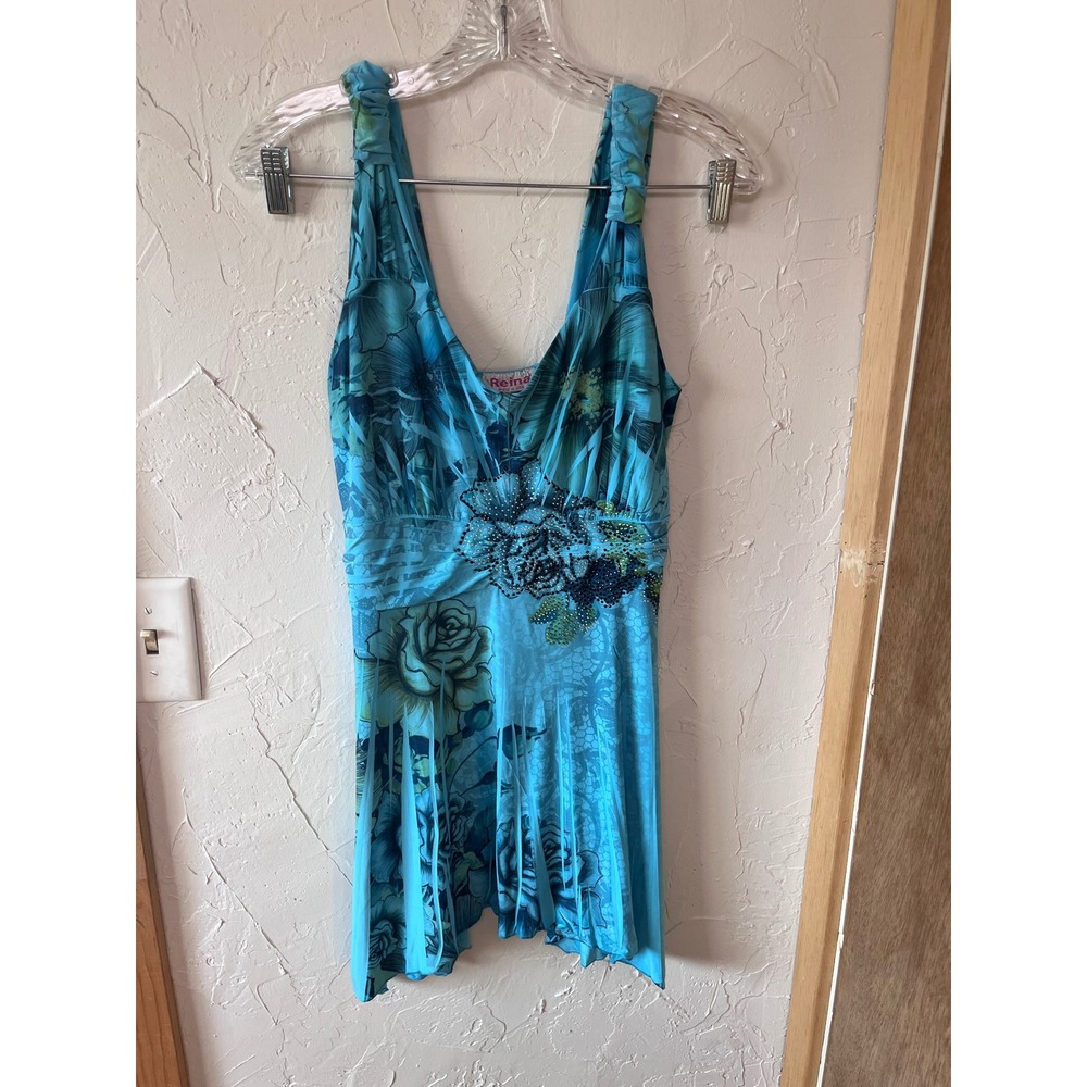 Y2K Reina Blue Floral Beaded Embellished Sheer Slit Mini Dress Women's 1X